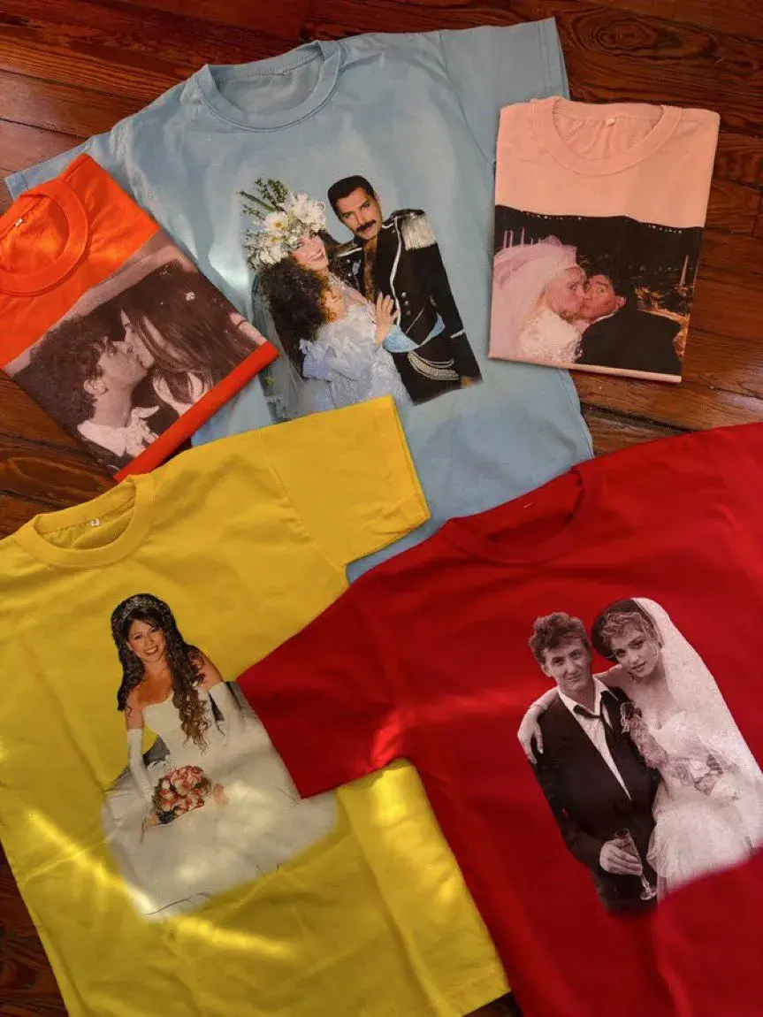 Remeras de la despedida de soltera de lali con estampados de floricienta y boy olmy y carola, maradona y claudia