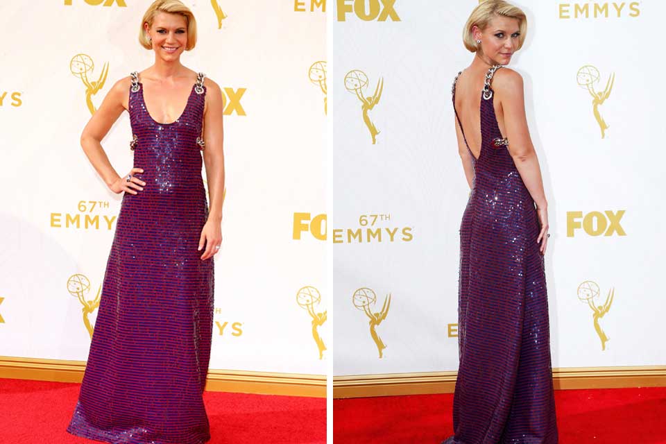 Claire Danes con un vestido de glitter y tirantes de cadenas de Prada; ¿Qué tal?