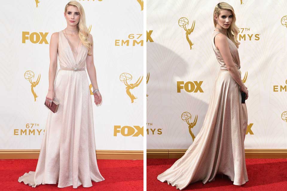 Como si hubiera salido de los años dorados de Hollywood, Emma Roberts y un vestido nude de tejido brillante de Jenny Packham