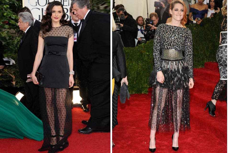 Dos versiones de vestidos con transparencias. Rachel Weisz con un diseño a lunares en la parte del escote y la falda. Por su parte, Kristen Stewart con un vestido de Chanel y transparencias en la falda