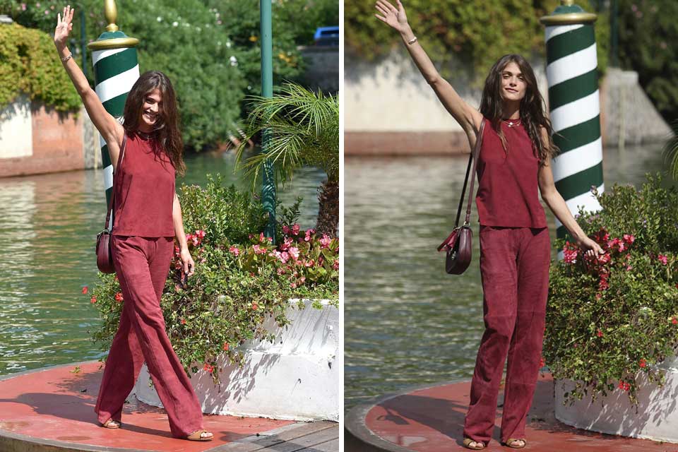 La modelo Elisa Sednaoui optó por un conjunto en color borravino muy simple, pero el tono elegido le quedaba divino