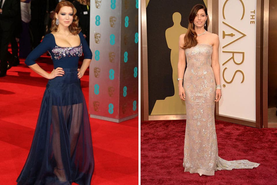 Lea Seydoux optó por un diseño en color azul con transparencias en su falda, de Miu Miu. Jessica Biel, con un equipo en color plata, muy elegante también