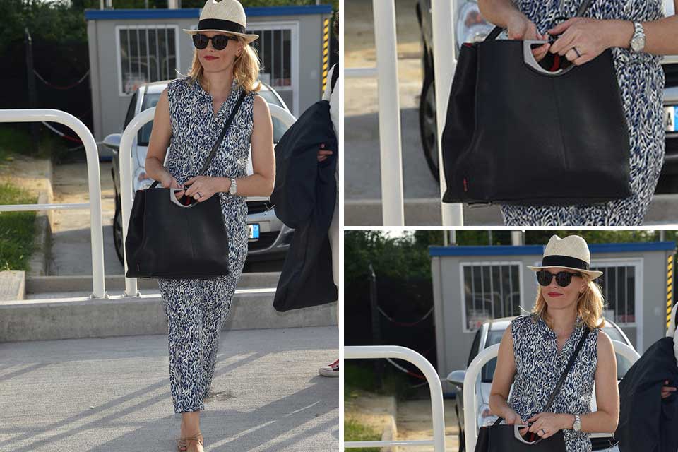 Mono estampado, sombrero, sandalias y lentes de sol para Elizabeth Banks en su llegada al evento