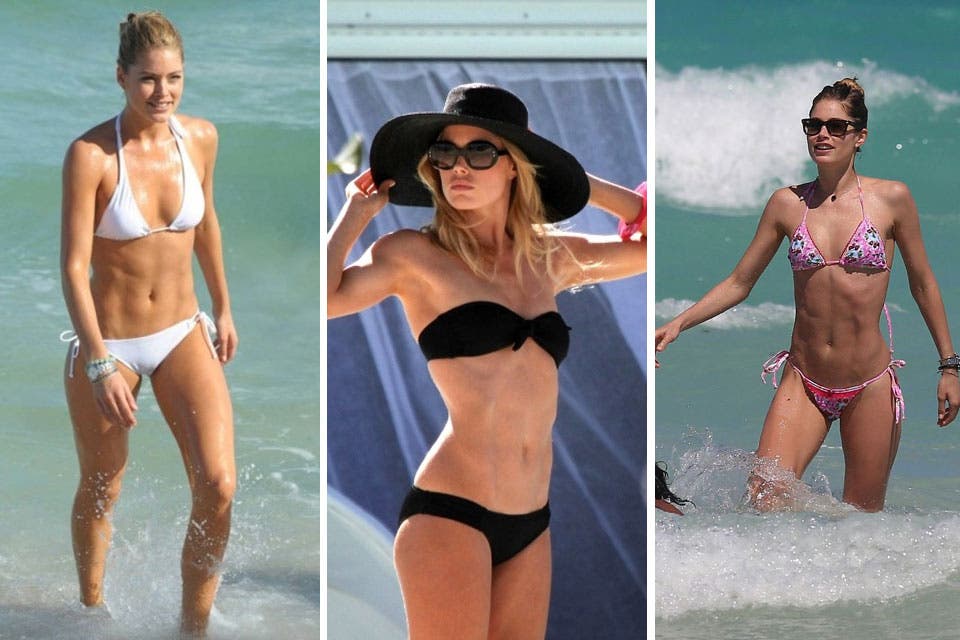 Doutzen Kroes hace gala de su cuerpo escultural con distintos trajes de baño de dos piezas en blanco,en negro o estampado