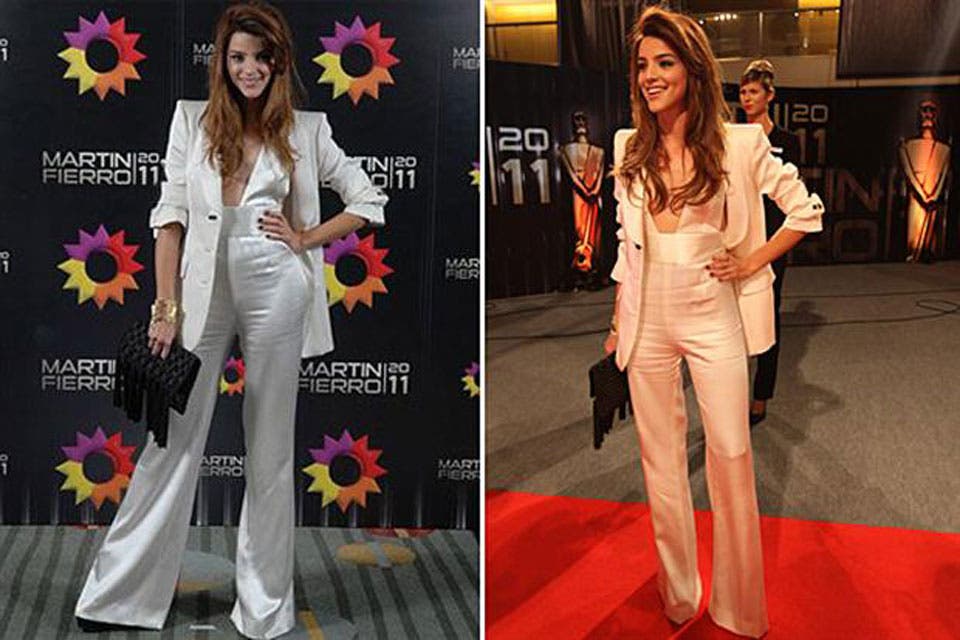 Calu Rivero con un mono blanco de Evangelina Bomparola de escote vértigo, botamangas anchas y hombreras bien marcadas; ¡Divino este look!