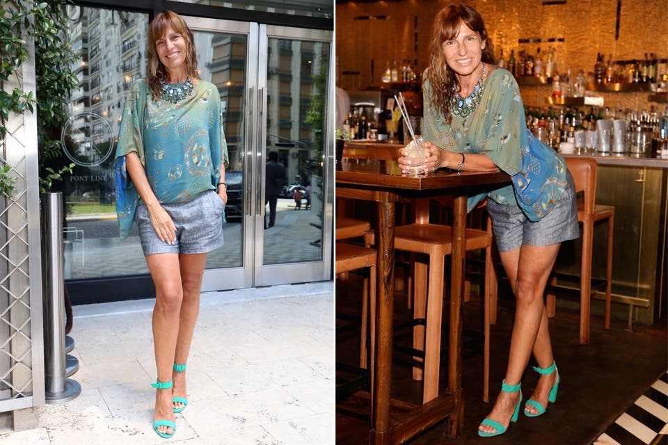 Ginette Reynal festejó su cumpleaños con un espectacular almuerzo junto a sus 7 íntimas amigas, en Pony Line Bar del Hotel Four Seasons. Para la ocasión optó por un conjunto en tonos turquesas y verdes. ¡Qué piernas!