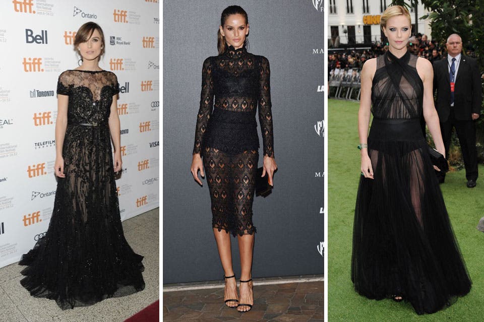 Tres diosas de negro y transparencias. Keira Knightley, Karolina Kurkova y Charlize Theron, todas muy correctas y elegantes