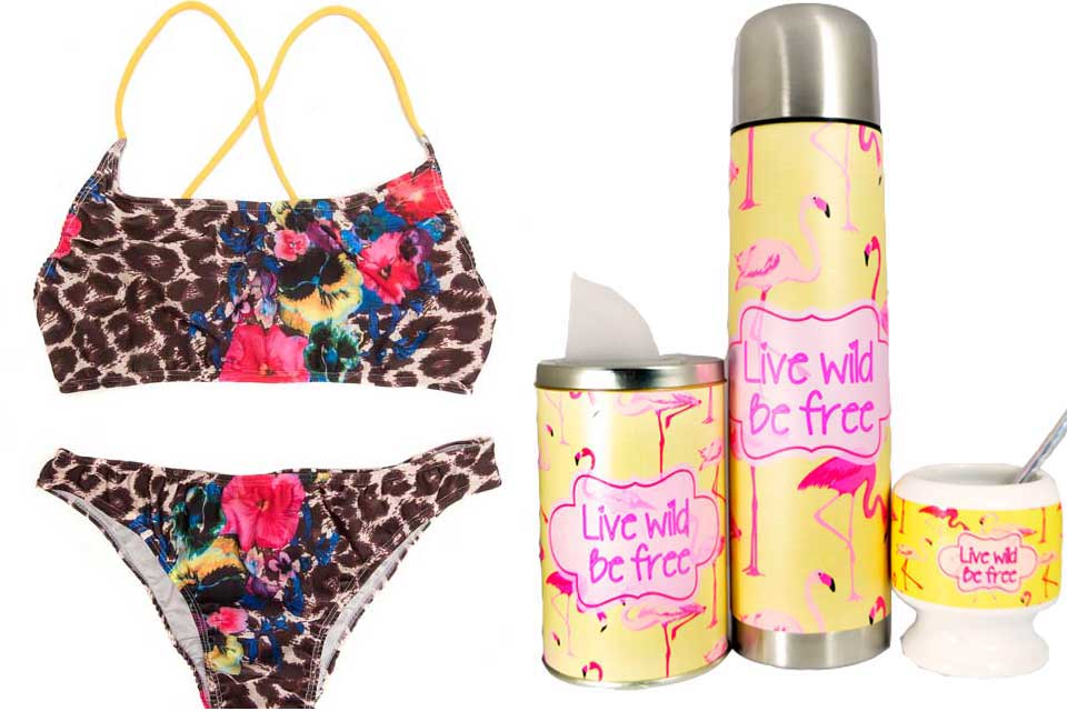 Traje de baño print floral, La Braga, $680 / Set matero de diseño, Cachita, consultar precio