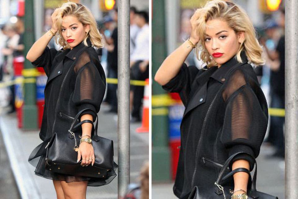 Rita Ora y un abrigo muy particular. La cantante optó por llevar esta tendencia en las mangas de su blazer