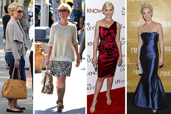Katherine Heigl combina sacos amplios con jeans o pollera para el día, siempre en colores tierra y crudos; de noche, vestidos ajustados con brillo