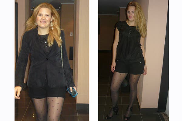 En un look total black para la noche, Florencia Fazio eligió minishorts, blazer negro y tacos altos