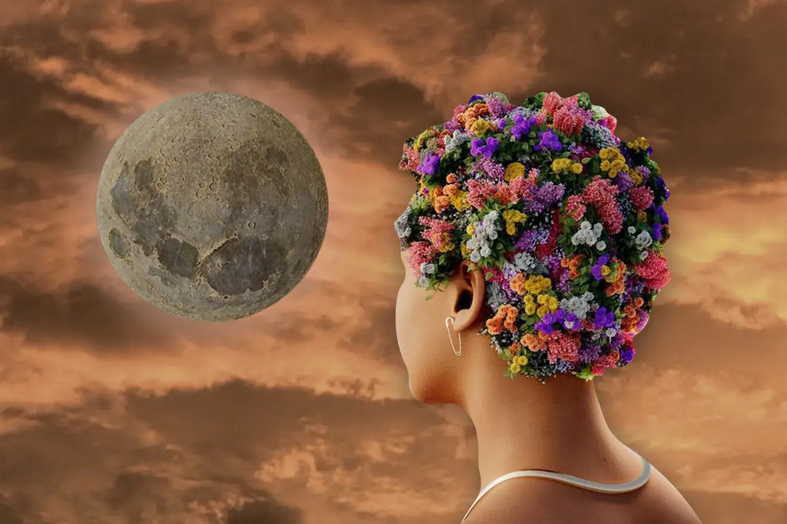 Una mujer con la cabeza florida mirando a Mercurio.