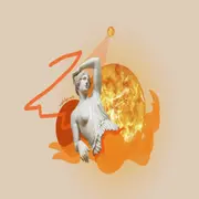 Una mujer mitológica con una imagen de planetas.