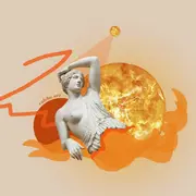 Una mujer mitológica con una imagen de planetas.