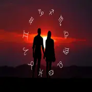 Pareja con rueda de signo zodiacal.