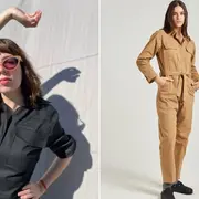 Dos versiones de monoprendas, en negro y camel.