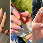 Las uñas se pintan con los colores del arcoiris en diseños lúdicos y divertidos.