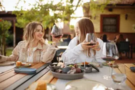 Amigas en una terraza celebrando.