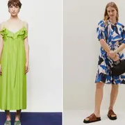 Dos fotos de dos mujeres usando vestidos de marcas argentinas.