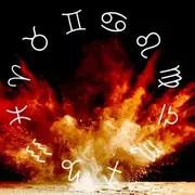 La rueda zodiacal, con los símbolos de los 12 signos astrales, sobre un fondo de fuego ardiendo.