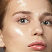 Primer plano de un rostro con geles transparentes en la piel.