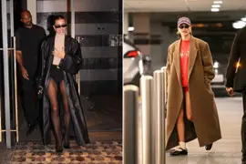 Dos fotos de Hailey Bieber en la calle.