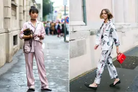 Dos fotos de mujeres usando pijamas en la calle.