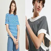 Dos fotos de modelos mujeres usando remeras rayadas.