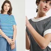 Dos fotos de modelos mujeres usando remeras rayadas.