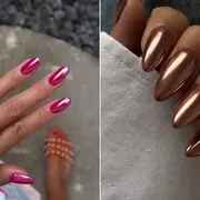 Dos fotos de manos con uñas cromadas.