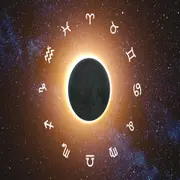 La rueda zodiacal, con los símbolos de los 12 signos astrales y en el centro un eclipse.