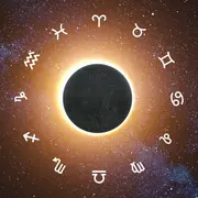 La rueda zodiacal, con los símbolos de los 12 signos astrales y en el centro un eclipse.