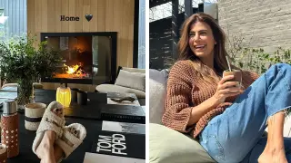 A la izquierda, Juliana Awada apoyando sus sandalias de peluche en la mesa baja de su casa. A la derecha ella sonriendo tomando mate casualmente