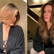 Una mujer posando con un vestido negro de brillos