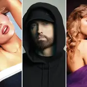 Foto de Sabrina Carpenter, Eminem y Taylor Swift.