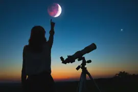 Una mujer con un telescopio mirando una luna eclipsada.