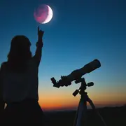 Una mujer con un telescopio mirando una luna eclipsada.