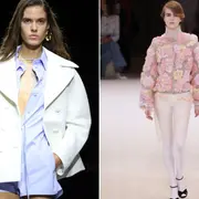 Dos fotos de mujeres desfilando en la pasarela.