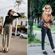 Dos mujeres en la calle usando pantalones cigarette.