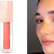 Una foto de una mujer maquillada y otra foto de un labial.