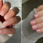 Dos fotos de manos con manicura con base rubber.