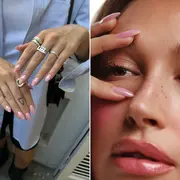 Una foto de Hailey Bieber y una foto de una manicura rosa.