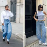 Dos fotos de mujeres usando jean con corte barrel.