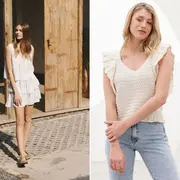 Dos fotos de dos modelos usando ropa de Flores.