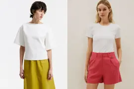 Dos fotos de modelos mujeres usando remeras blancas.