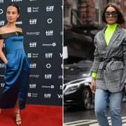 Una foto de la actriz Alicia Vikander y otra de una mujer en la calle usando cinturón.