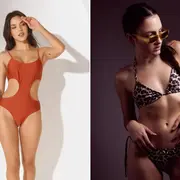 Dos fotos de modelos mujeres usando trajes de baño.