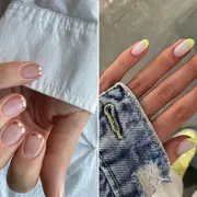 Dos fotos de manos con manicura francesa en colores.