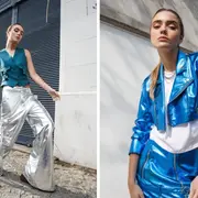 Dos mujeres posando con prendas de brillo