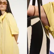 Mujer posando con prendas en color amarillo